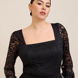 Torrid - Lace Square Neck Long Sleeve Top in Deep Black​​​​​​​​​​